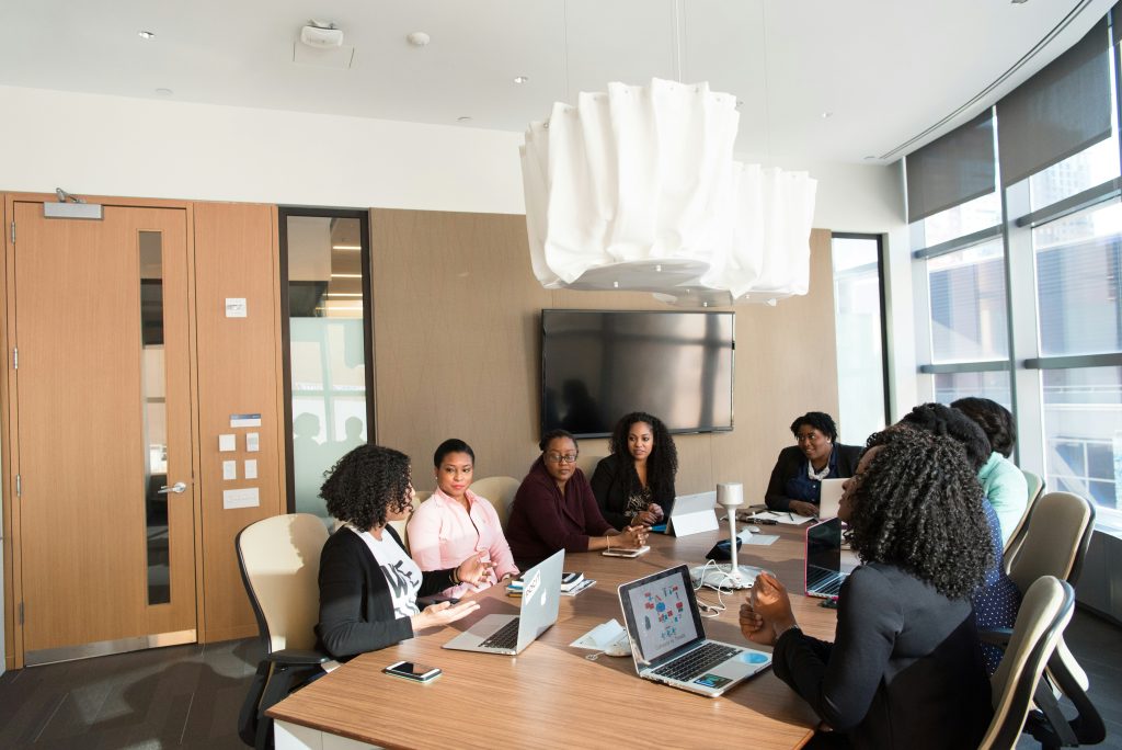 Business professionals collaborating in a modern environment